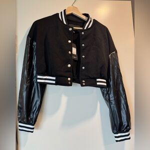 Fashion Nova Black and White cropped Varsity Jacket